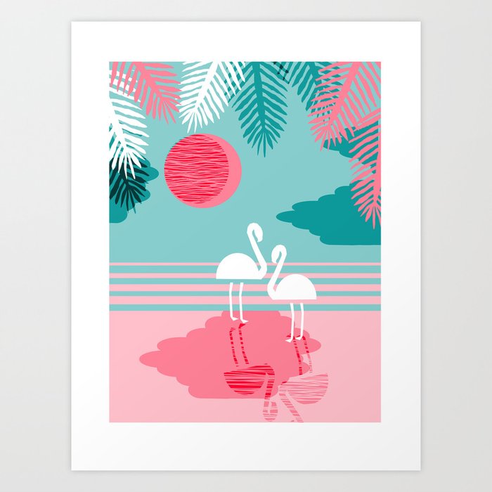 Chill Vibes - memphis retro throwback 1980s 80s neon pop art flamingo paradise socal vacation Art Print