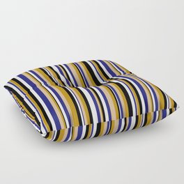 [ Thumbnail: Tan, Dark Goldenrod, Black, White & Midnight Blue Colored Lines/Stripes Pattern Floor Pillow ]