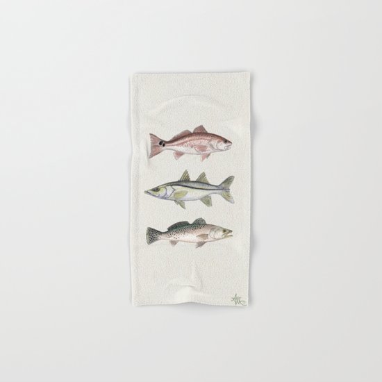 "Inshore Slam!" by Amber Marine ~ Redfish, Snook, and Trout Watercolor Illustration, (c) 2013 Hand & Bath Towel