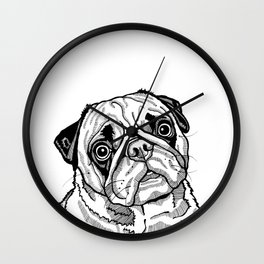 Cute Pug Dog Black and White Pop Art, Line Drawing Portrait of a Pug Wall Clock