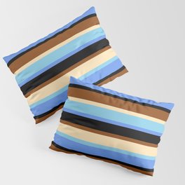 [ Thumbnail: Brown, Beige, Sky Blue, Cornflower Blue & Black Colored Striped Pattern Pillow Sham ]