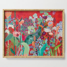 Red floral Jungle Garden Botanical featuring Proteas, Reeds, Eucalyptus, Ferns and Birds of Paradise Serving Tray