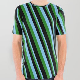 [ Thumbnail: Light Sky Blue, Forest Green & Black Colored Pattern of Stripes All Over Graphic Tee ]