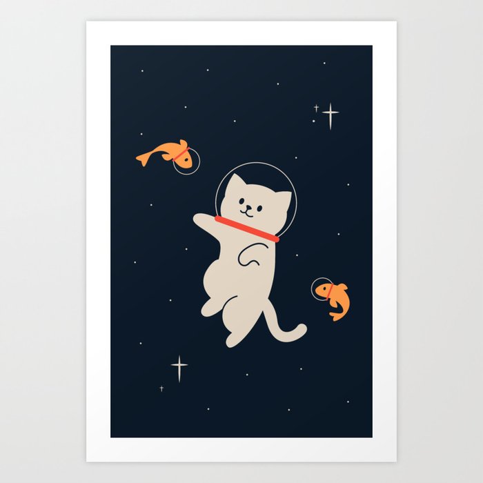 Astronaut Cat playing with fishes Art Print