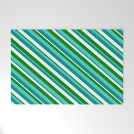 [ Thumbnail: Turquoise, Dark Cyan, Mint Cream, and Green Colored Lined Pattern Welcome Mat ]