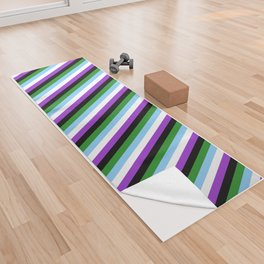 [ Thumbnail: Eye-catching Dark Orchid, White, Light Sky Blue, Forest Green, and Black Colored Stripes Pattern Yoga Towel ]