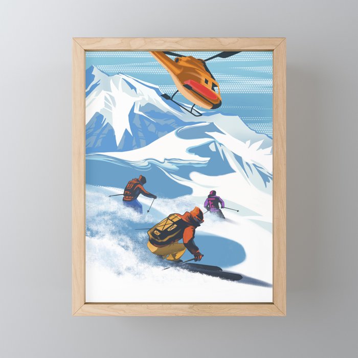 Retro Travel Heliski ski Revelstoke poster Framed Mini Art Print