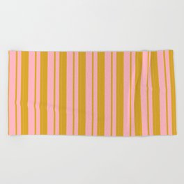 [ Thumbnail: Goldenrod & Light Pink Colored Lined Pattern Beach Towel ]