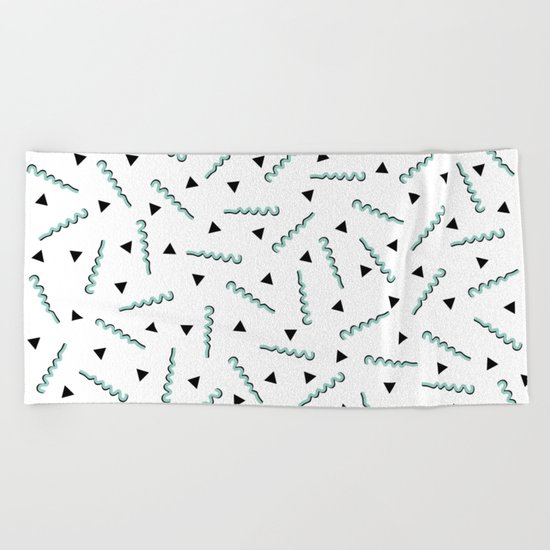 Retro Memphis Pattern Squiggle Green and Black Triangles Beach Towel