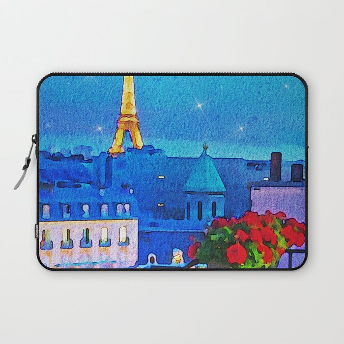 Paris balcony, Eiffel Tower night sky with twinkling stars watercolor romantic floral portrait painting Laptop Sleeve