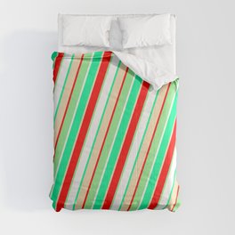 [ Thumbnail: Eye-catching Green, Tan, Red, Light Green, and White Colored Pattern of Stripes Comforter ]