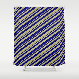 [ Thumbnail: Dark Khaki and Blue Colored Lines Pattern Shower Curtain ]