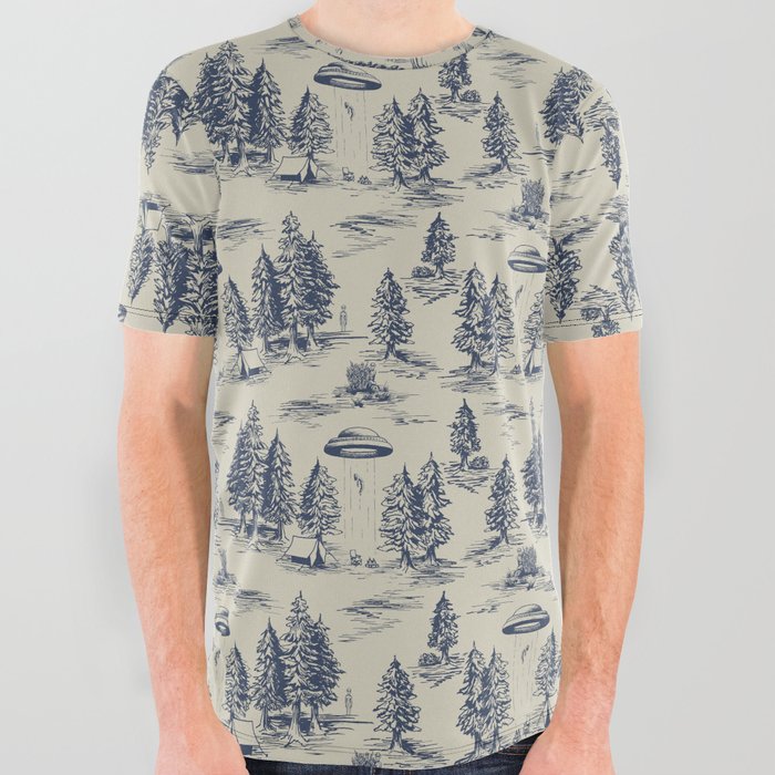Alien Abduction Toile De Jouy Pattern in Blue All Over Graphic Tee