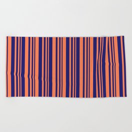 [ Thumbnail: Coral and Midnight Blue Colored Lines/Stripes Pattern Beach Towel ]