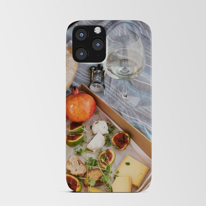 Different delicious food and glass of wine on picnic iPhone Card Case