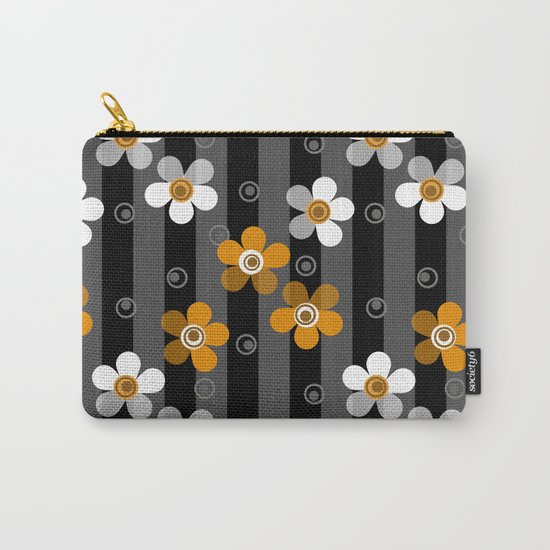 Black and yellow floral pattern on a striped background . Carry-All Pouch