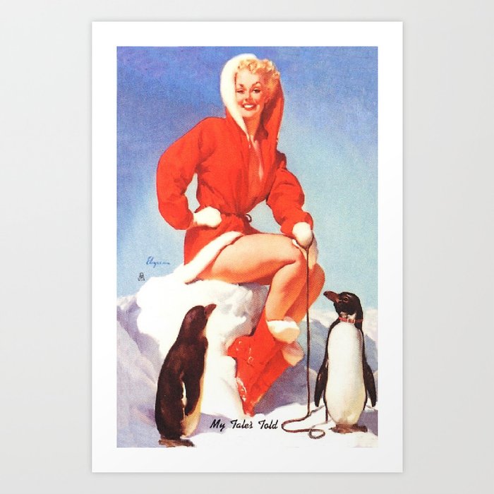 Pin up Girl Winter Fun With Penguins Gil Elvgren Art Print