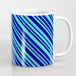 [ Thumbnail: Turquoise and Dark Blue Colored Lined/Striped Pattern Coffee Mug ]