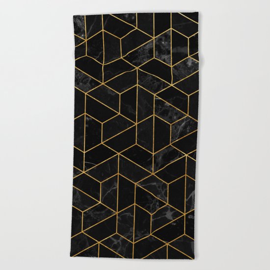 Black Marble Hexagonal Pattern Beach Towel