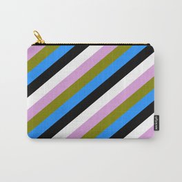 [ Thumbnail: Eye-catching Plum, Green, Blue, Black, and White Colored Stripes Pattern Carry-All Pouch ]