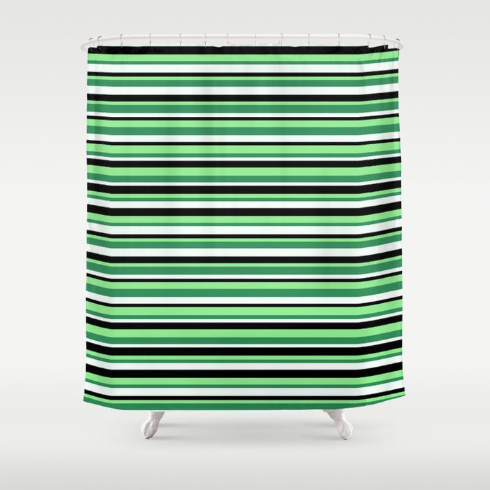 Light Green, Sea Green, Mint Cream & Black Colored Pattern of Stripes Shower Curtain