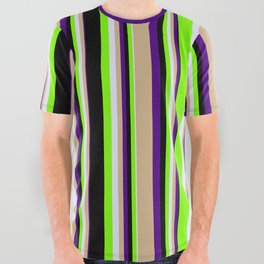[ Thumbnail: Eyecatching Indigo, Tan, Lavender, Green & Black Colored Lines/Stripes Pattern All Over Graphic Tee ]
