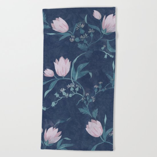 Pink tulips pattern on a dark background Beach Towel