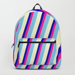 [ Thumbnail: Blue, Deep Pink, Sky Blue, and Light Yellow Colored Stripes/Lines Pattern Backpack ]