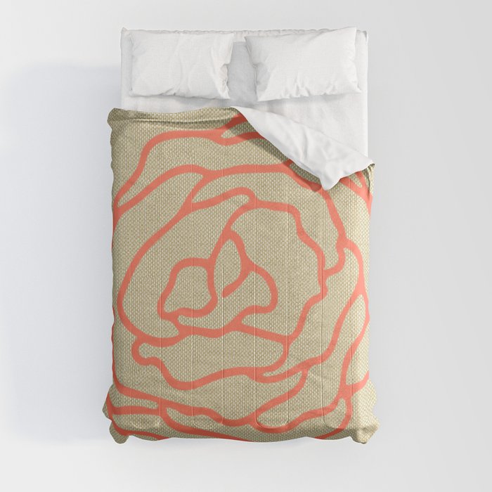 Rose in Deep Coral on Linen Comforter