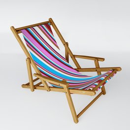 [ Thumbnail: Colorful Deep Sky Blue, Maroon, Violet, Sienna & White Colored Striped/Lined Pattern Sling Chair ]