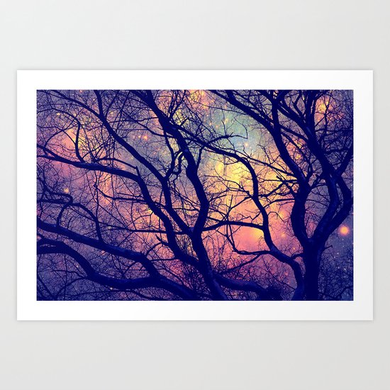 Black Trees Deep Pastels Space Art Print