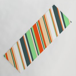 [ Thumbnail: Light Green, Red, Tan, White, and Dark Slate Gray Colored Striped Pattern Yoga Mat ]