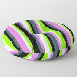 [ Thumbnail: Dark Slate Gray, Orchid, Light Cyan, Chartreuse & Black Colored Lines/Stripes Pattern Floor Pillow ]