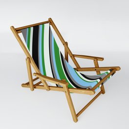 [ Thumbnail: Gray, Light Sky Blue, Forest Green, Mint Cream & Black Colored Striped Pattern Sling Chair ]