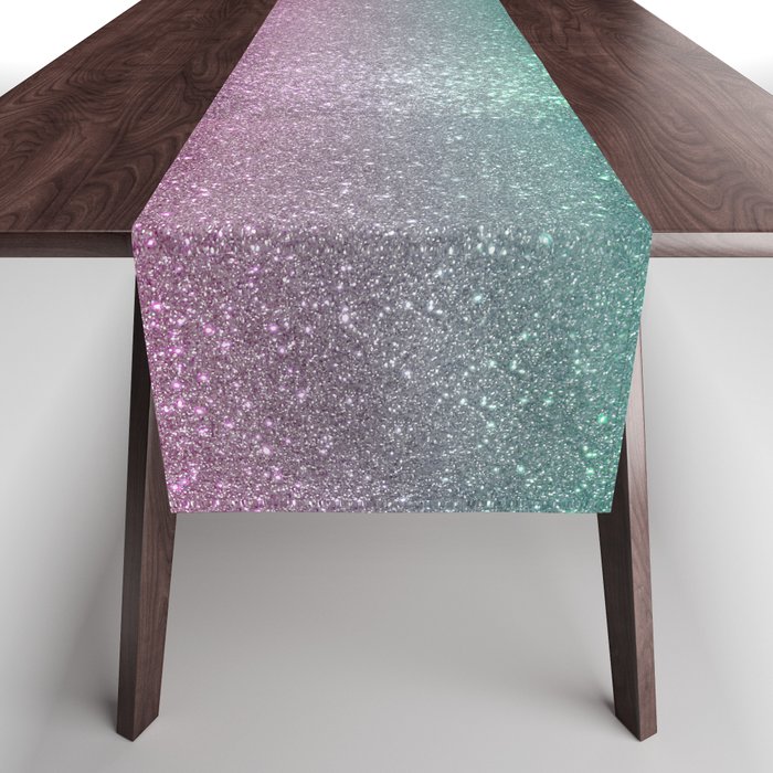 Mermaid Pink Green Sparkly Glitter Ombre Table Runner