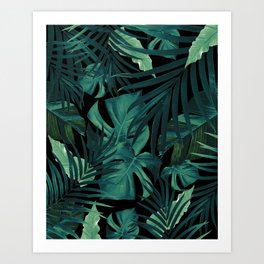 Tropical Jungle Night Leaves Pattern #1 #tropical #decor #art #society6 Art Print