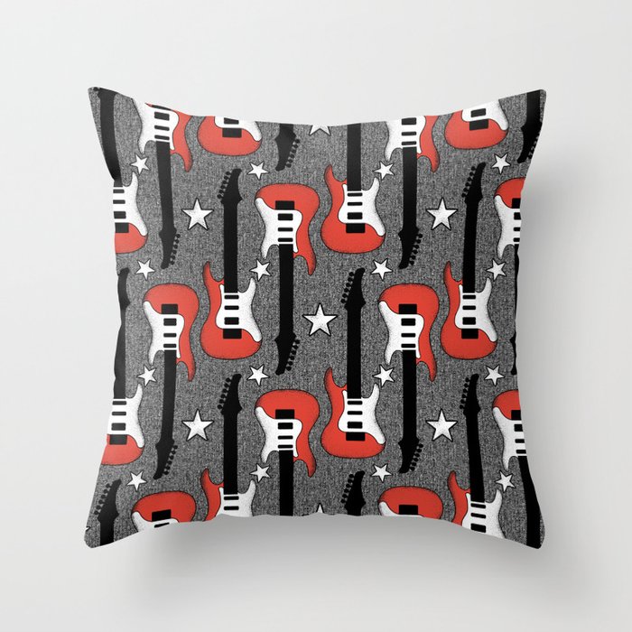 Rock and Roll_ Red and White Guitar Throw Pillow