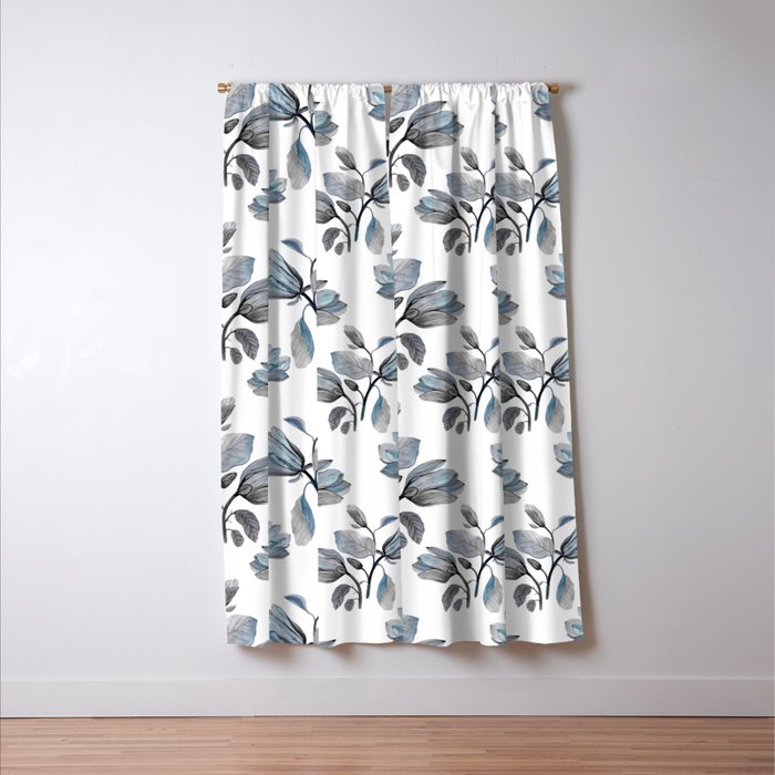 Modern Magnolia Blossoms In Teal And Dusty Blue Blackout Curtain