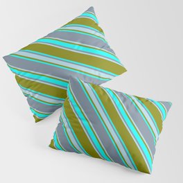 [ Thumbnail: Green, Cyan, Light Slate Gray & Light Blue Colored Stripes Pattern Pillow Sham ]
