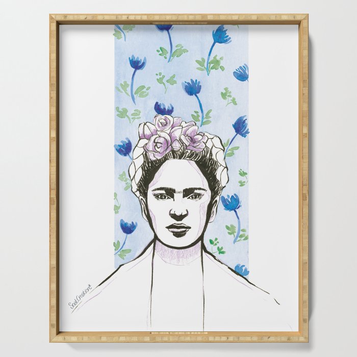 Frida Kahlo portrait  Floral watercolor blue green purple Serving Tray