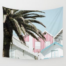 Candy Striped Beach Houses -  Palm Tree - Europe Travel photography by Ingrid Beddoes Wall Tapestry