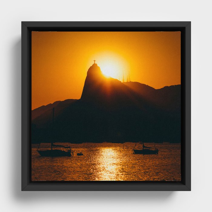 Brazil Photography - Sunset Behind Christ The Redeemer Framed Canvas