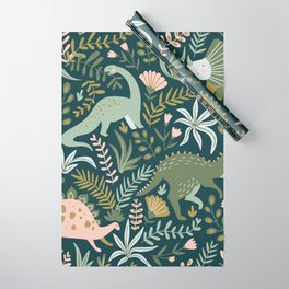Dinosaurs with tropical leaves and flowers. Cute dino hand drawn illustration pattern. Cute dino design. Wrapping Paper
