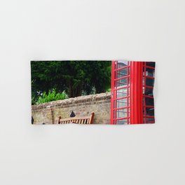 Great Britain Photography - Red Phone Booth By A Wooden Bench Hand & Bath Towel