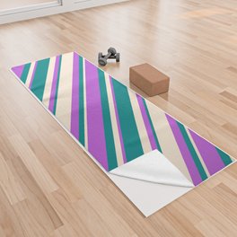 [ Thumbnail: Orchid, Beige & Teal Colored Lines Pattern Yoga Towel ]