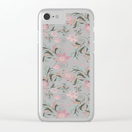 Retro . Pink flowers on grey background . Clear iPhone Case