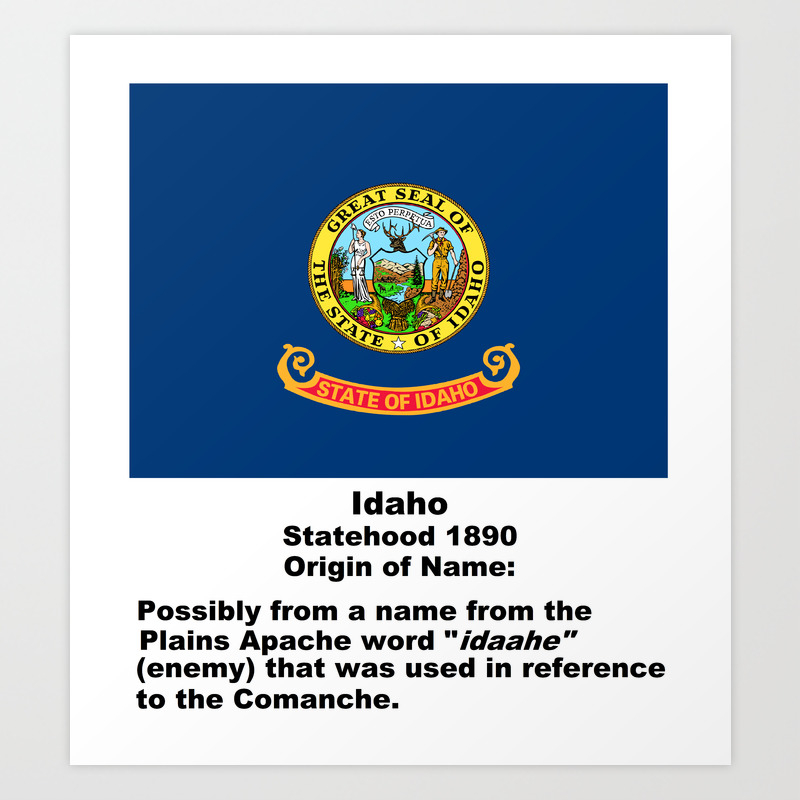 Idaho Name Origin Words Below Flag Art Print By Cartoon7777 Society6