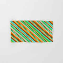 [ Thumbnail: Eye-catching Turquoise, Lime Green, Grey, Dark Orange & Brown Colored Lines/Stripes Pattern Hand & Bath Towel ]