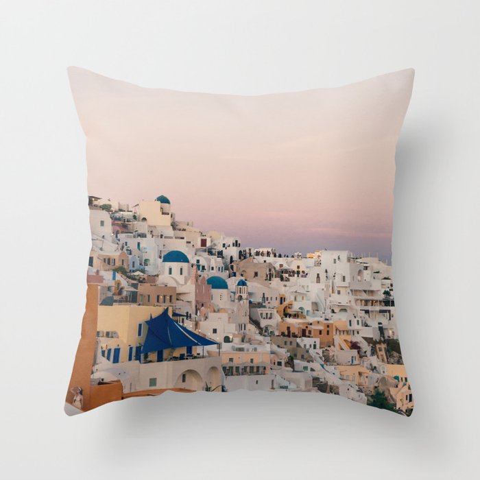 Sunset over Oia, Santorini | White houses, pink sky and golden hour | Travel photography in Greece Throw Pillow