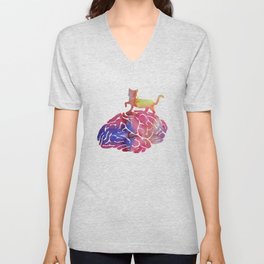 Cat and brain V Neck T Shirt